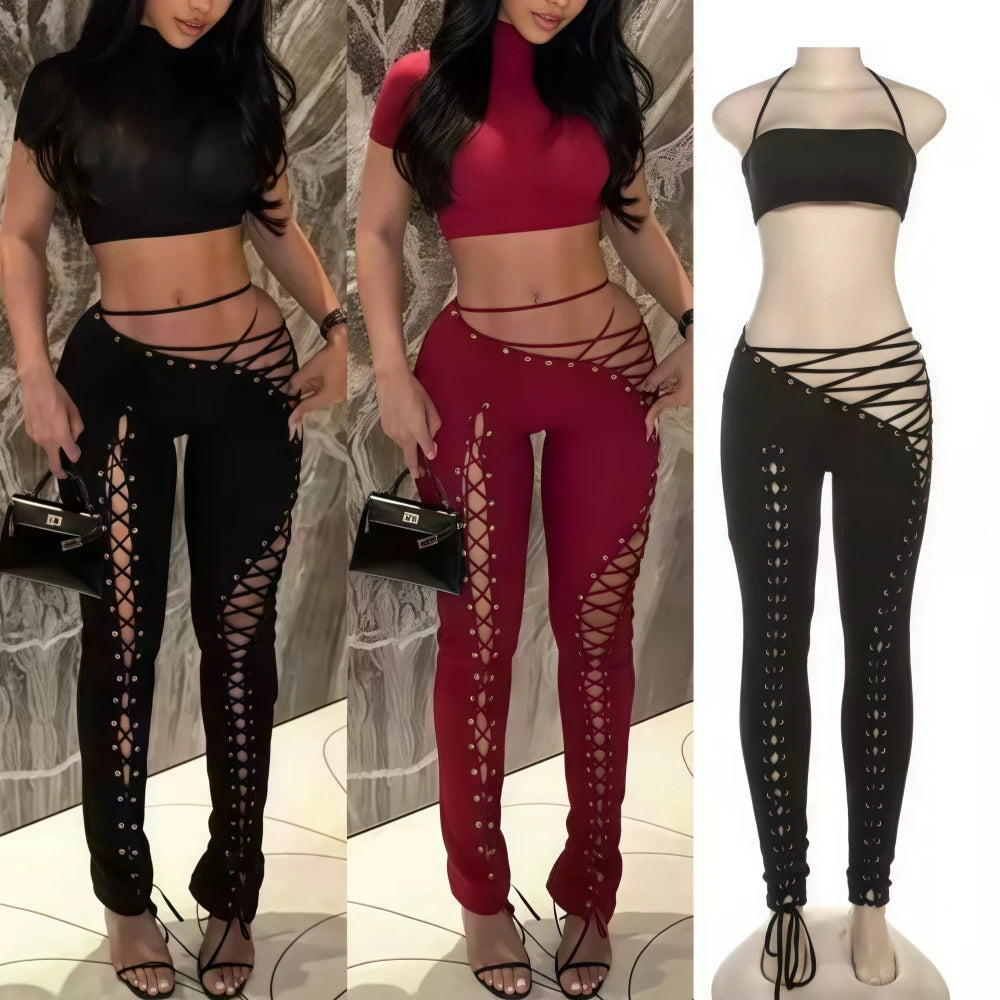 FAGADOER Sexy Bandage Patchwork 2 Piece Sets Woman Outfit Halter Sleeveless Crop Tops and Pants Matching Suit Female Streetwear